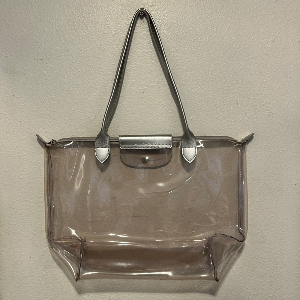 LONGCHAMP RARE Le Pliage Transparent Vinyl XL Tote Bag Silver Leather Ltd Ed. - Picture 4 of 16